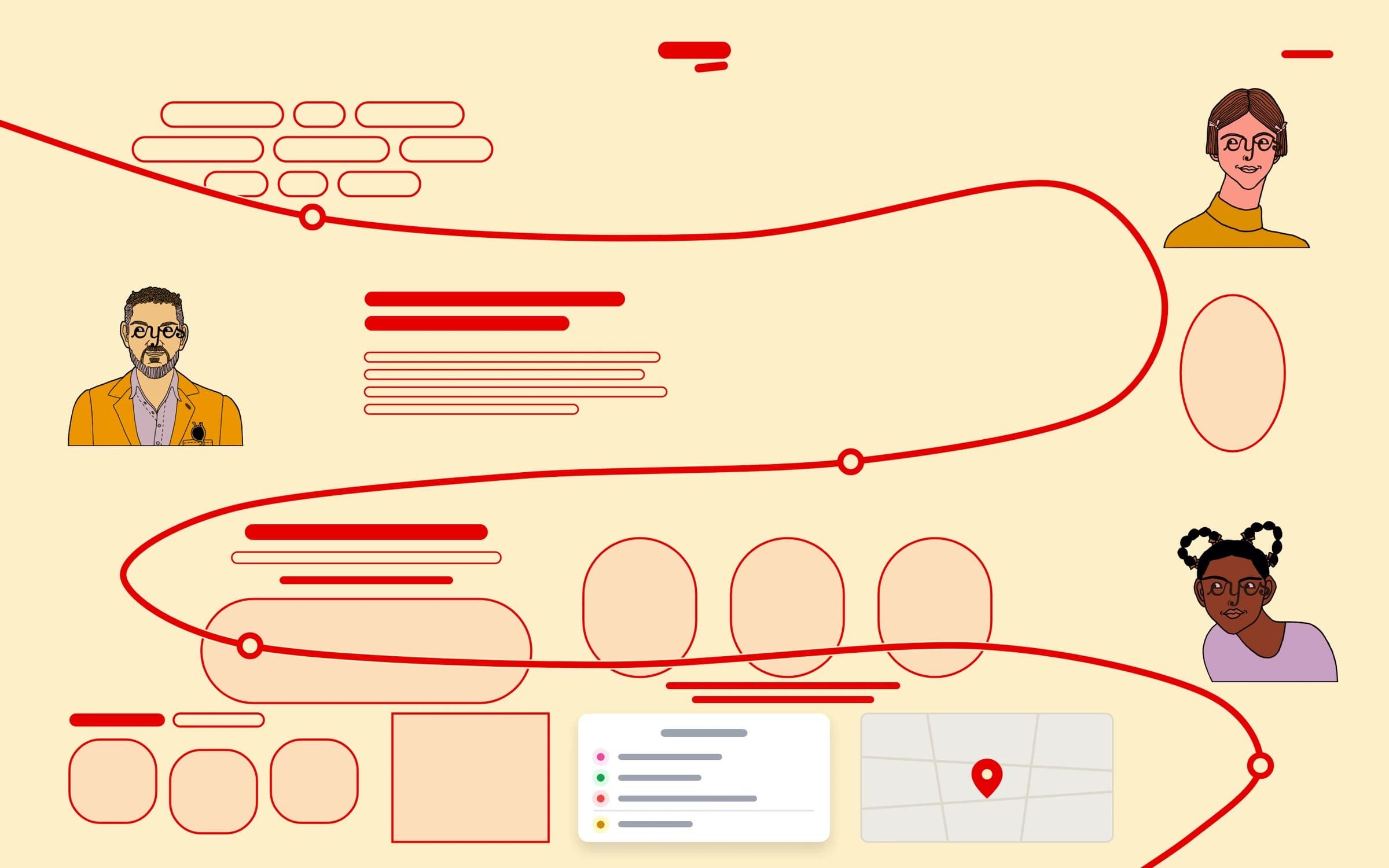 Représentation abstraite de plusieurs sections du site EYES PROD reliées par le fil graphique de la direction artistique.